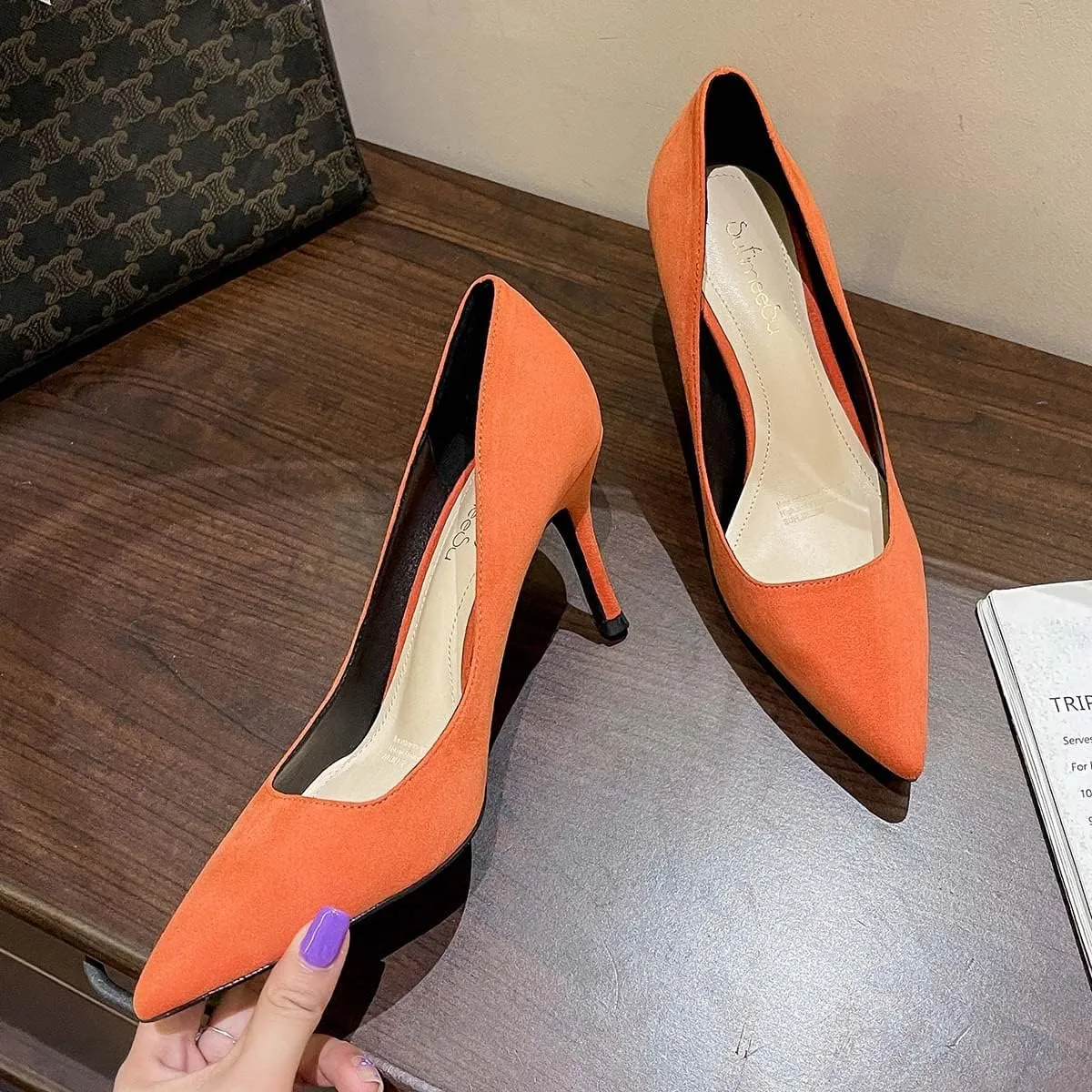 JOEupin Women's Pointed Toe Pumps Classic Suede Shoes Kitten Heel Slip On Dress Pumps 2.36 Inch