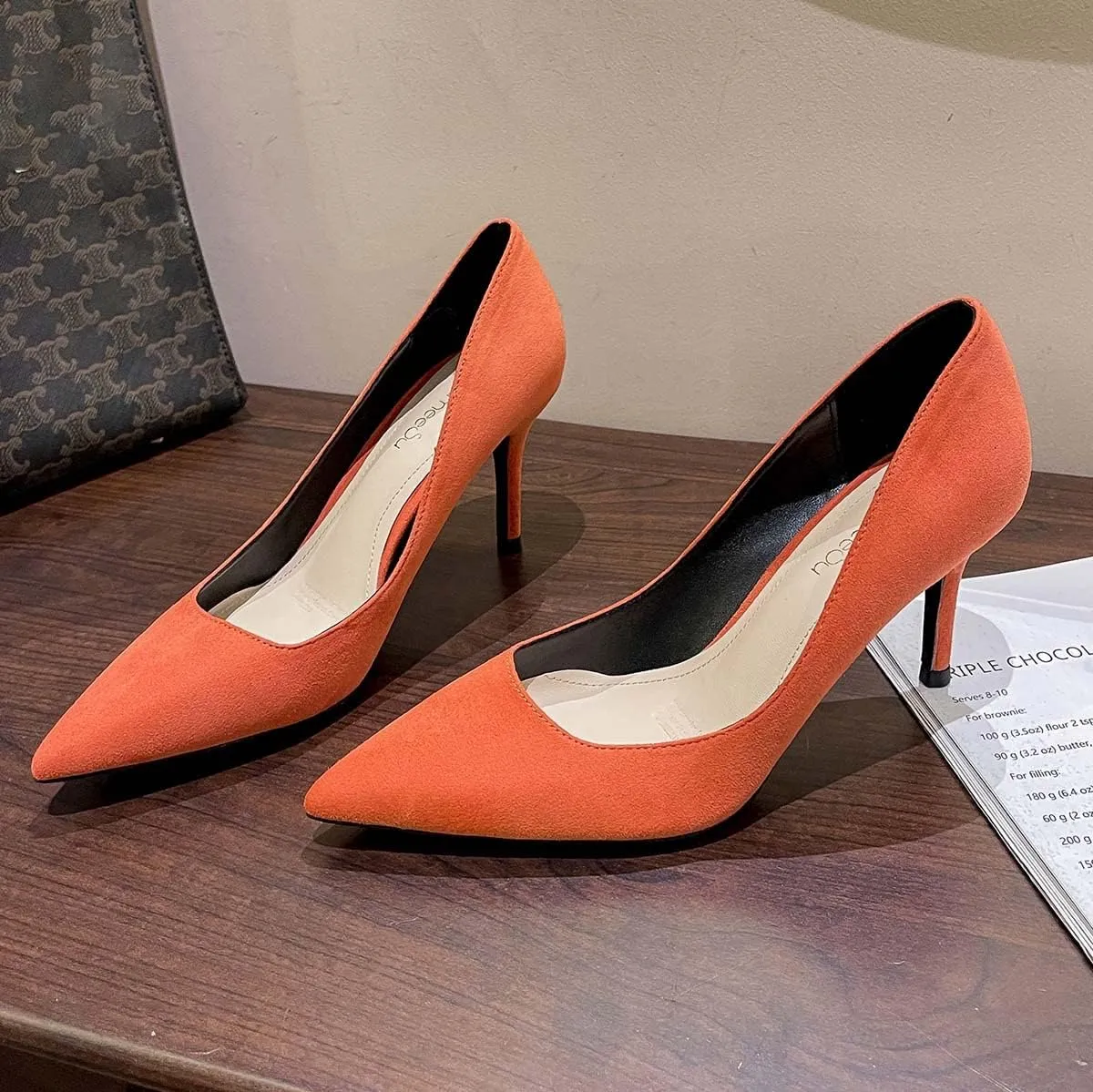 JOEupin Women's Pointed Toe Pumps Classic Suede Shoes Kitten Heel Slip On Dress Pumps 2.36 Inch