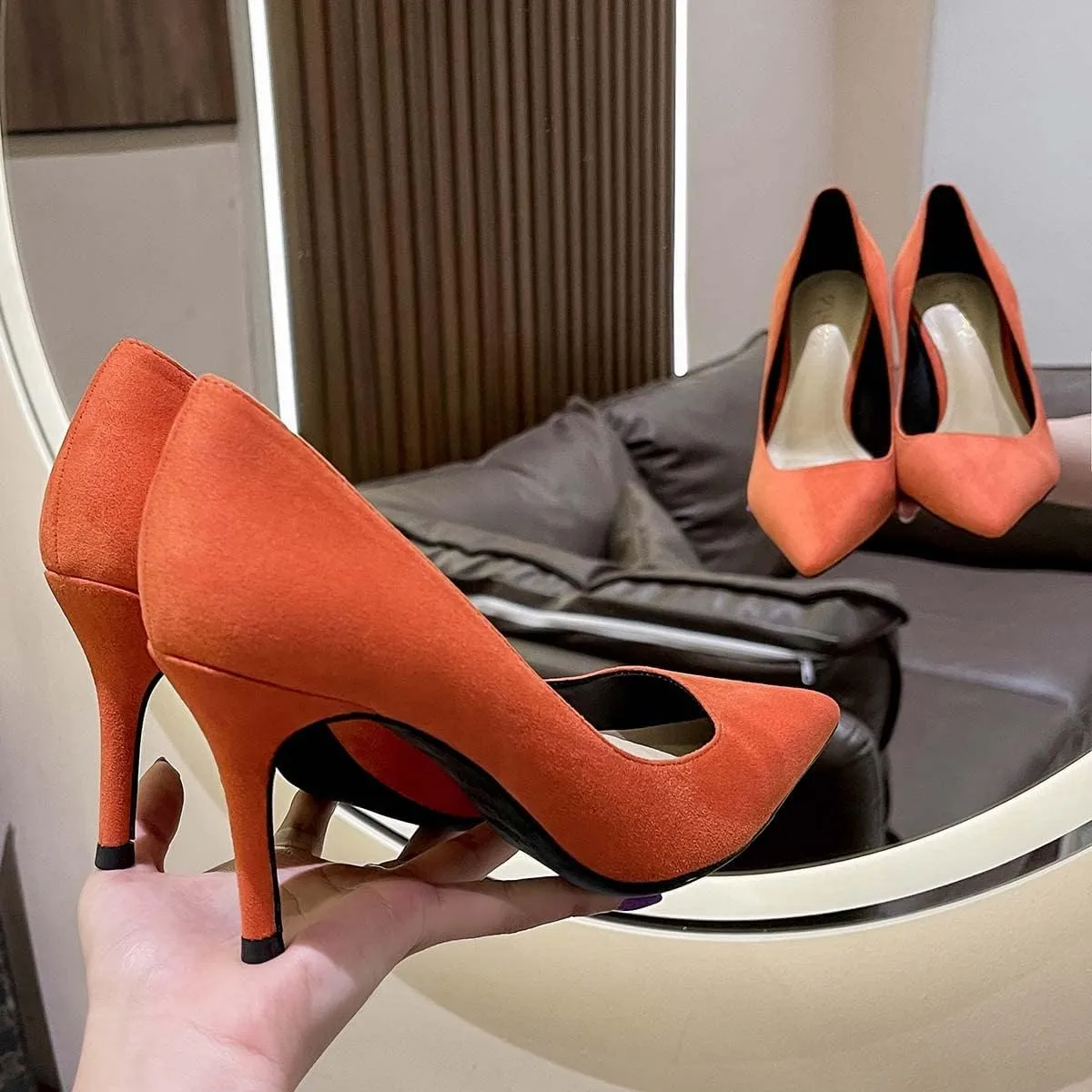 JOEupin Women's Pointed Toe Pumps Classic Suede Shoes Kitten Heel Slip On Dress Pumps 2.36 Inch