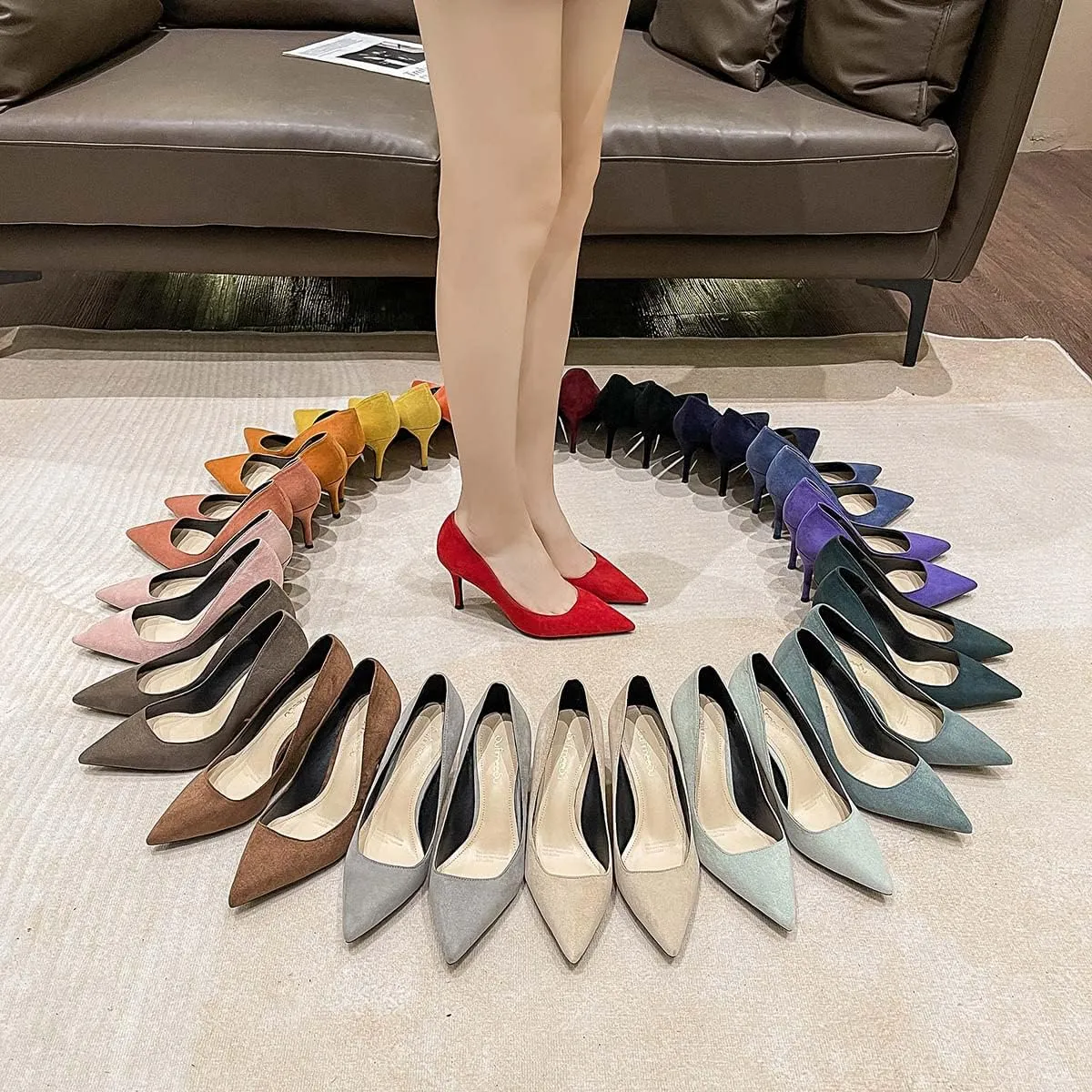 JOEupin Women's Pointed Toe Pumps Classic Suede Shoes Kitten Heel Slip On Dress Pumps 2.36 Inch