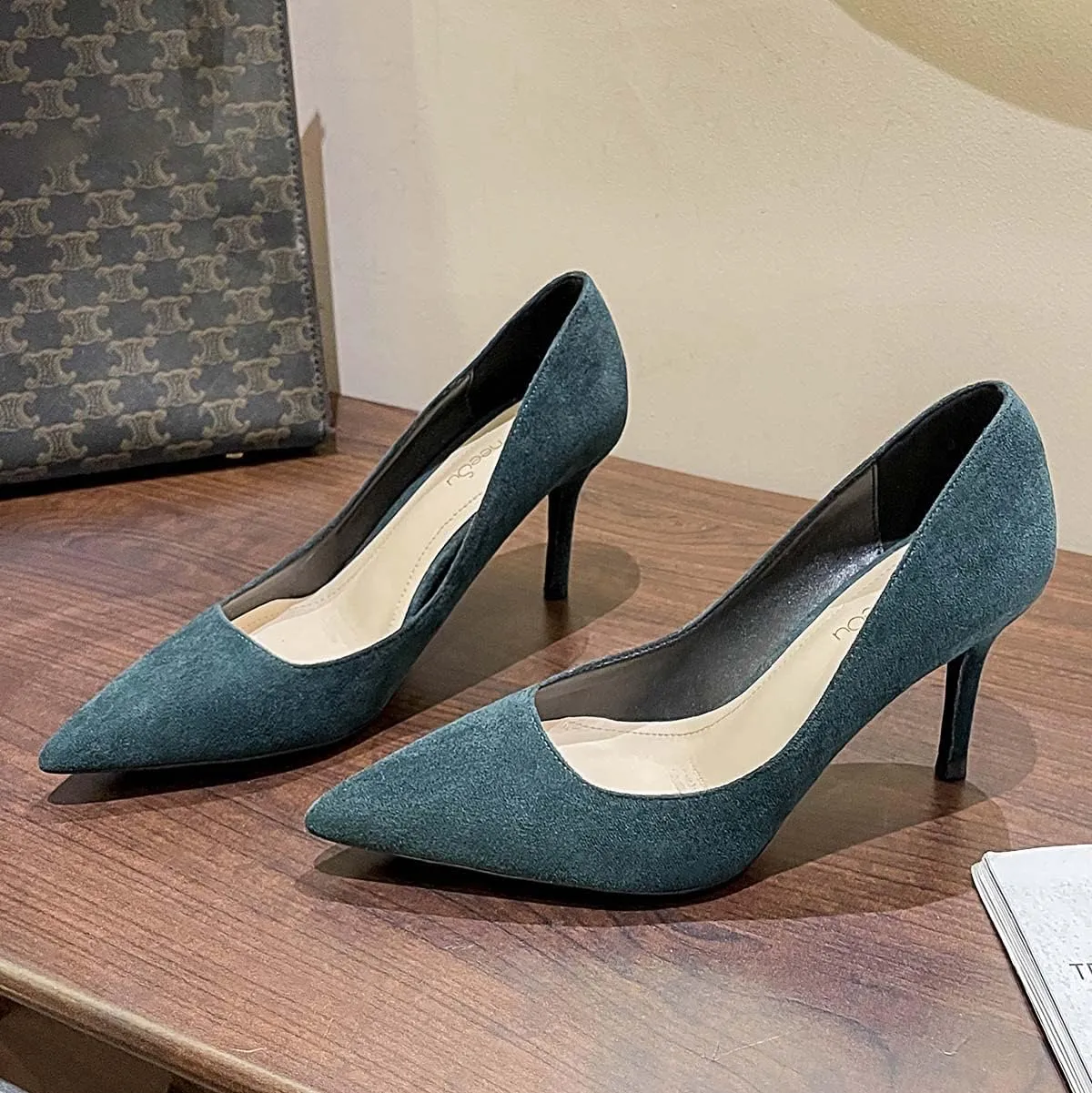 JOEupin Women's Pointed Toe Pumps Classic Suede Shoes Mid Heel Slip On Dress Pumps 3.15 Inch