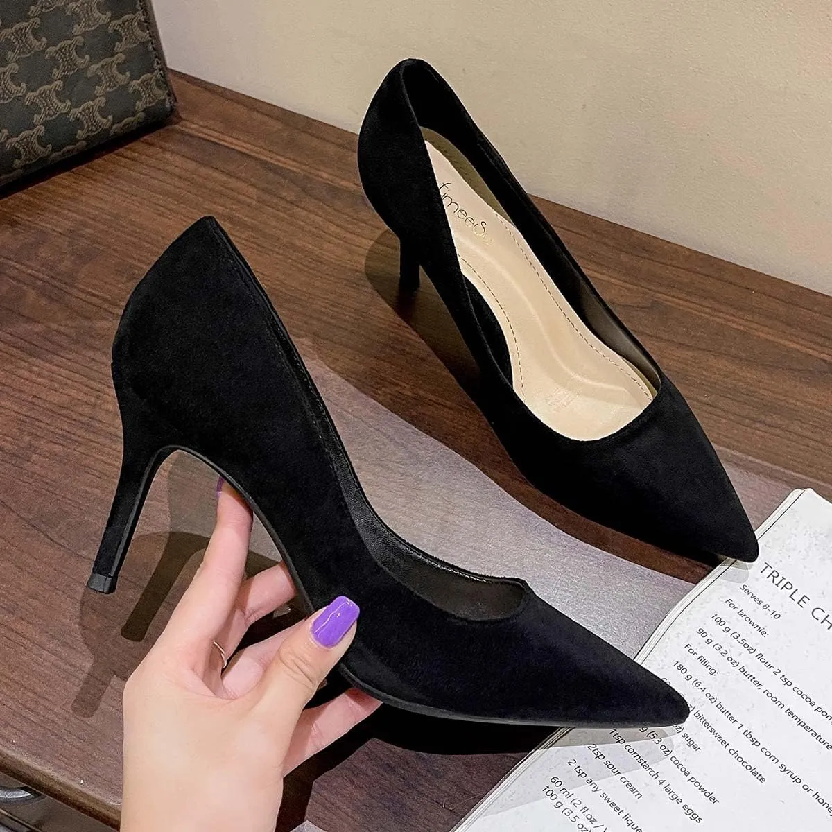 JOEupin Women's Pointed Toe Pumps Classic Suede Shoes Mid Heel Slip On Dress Pumps 3.15 Inch