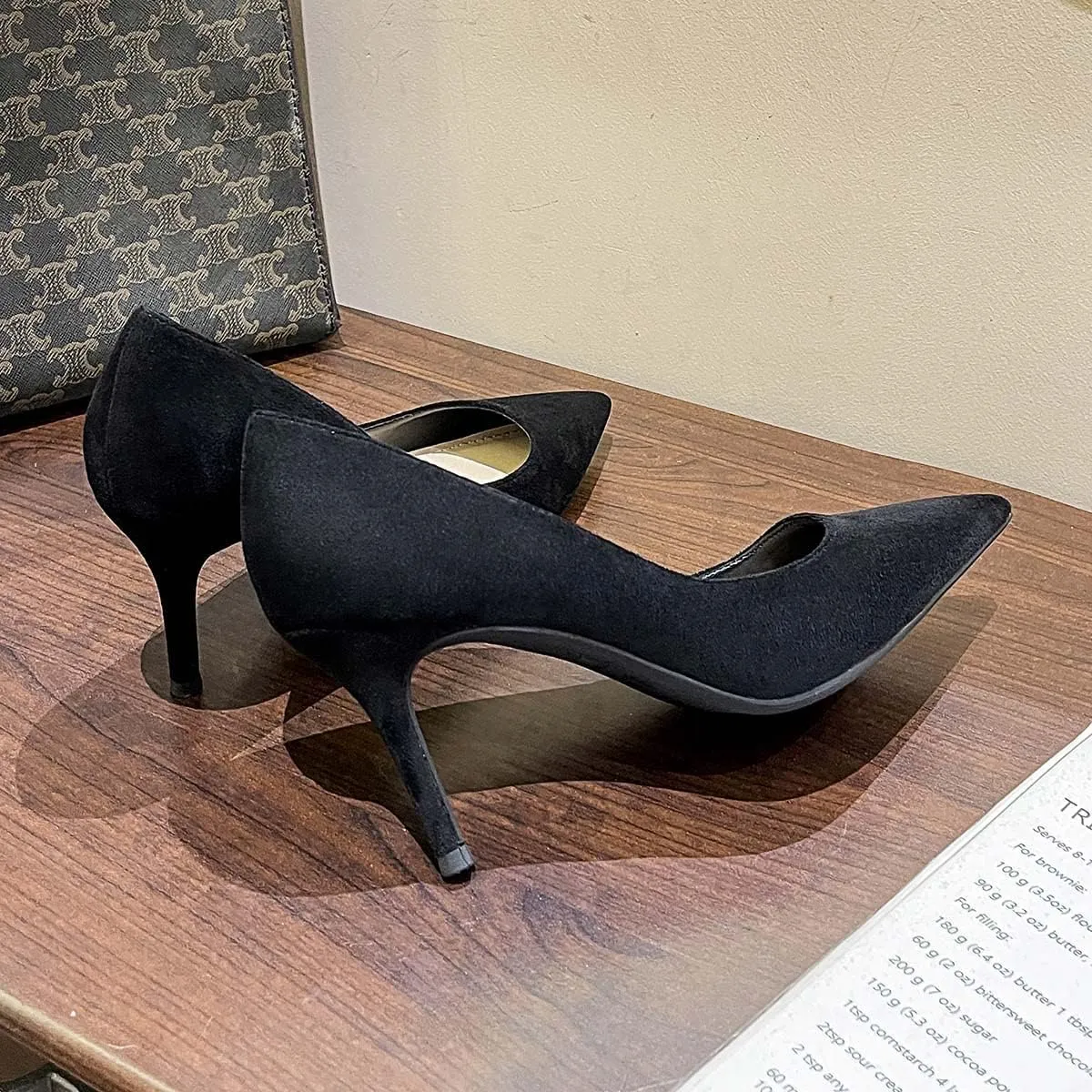 JOEupin Women's Pointed Toe Pumps Classic Suede Shoes Mid Heel Slip On Dress Pumps 3.15 Inch