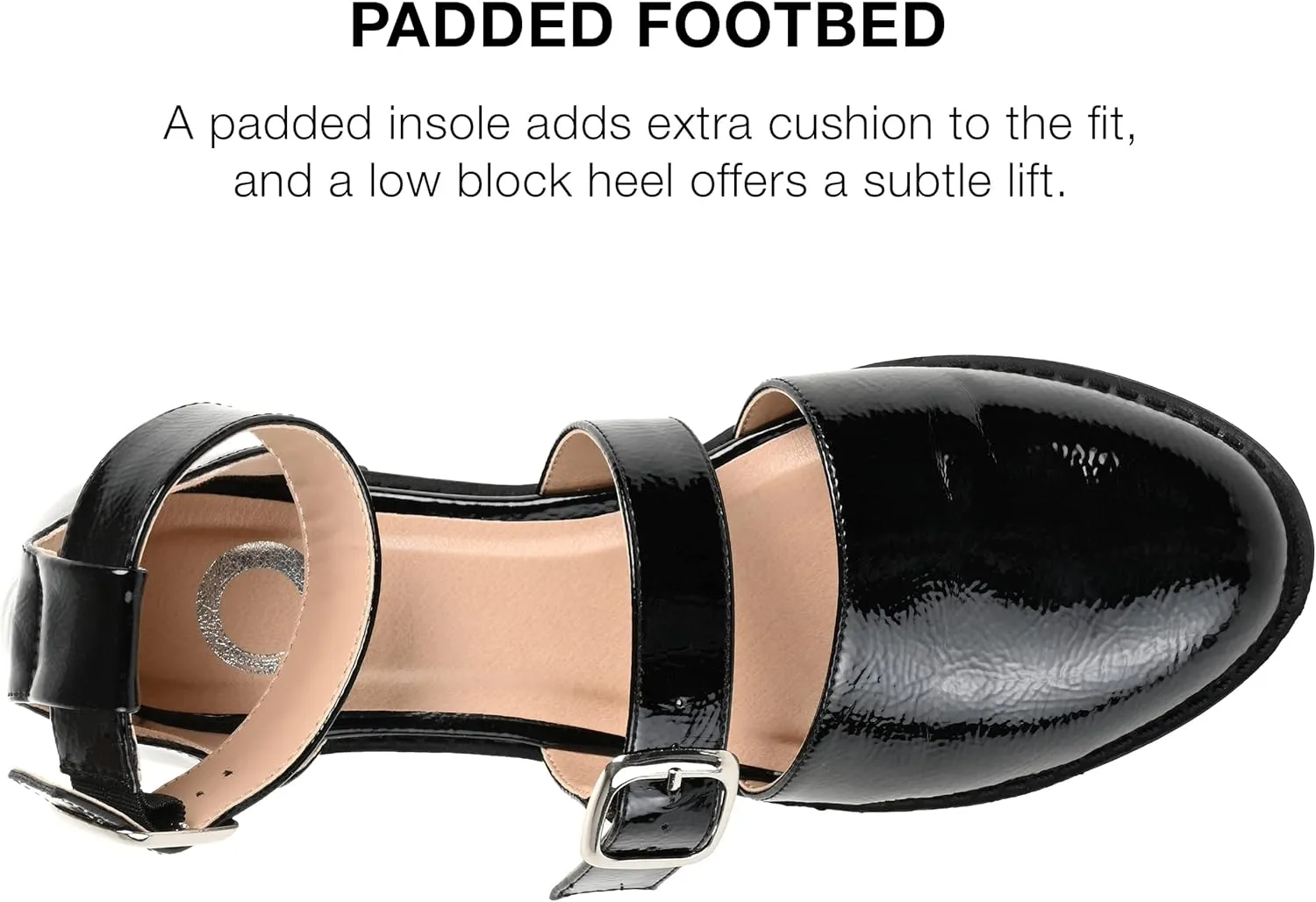 Journee Mary Jane Low Block Heel Double Buckle Strap Glossy Round Toe Shoe for Women - Comfy Constance Flat