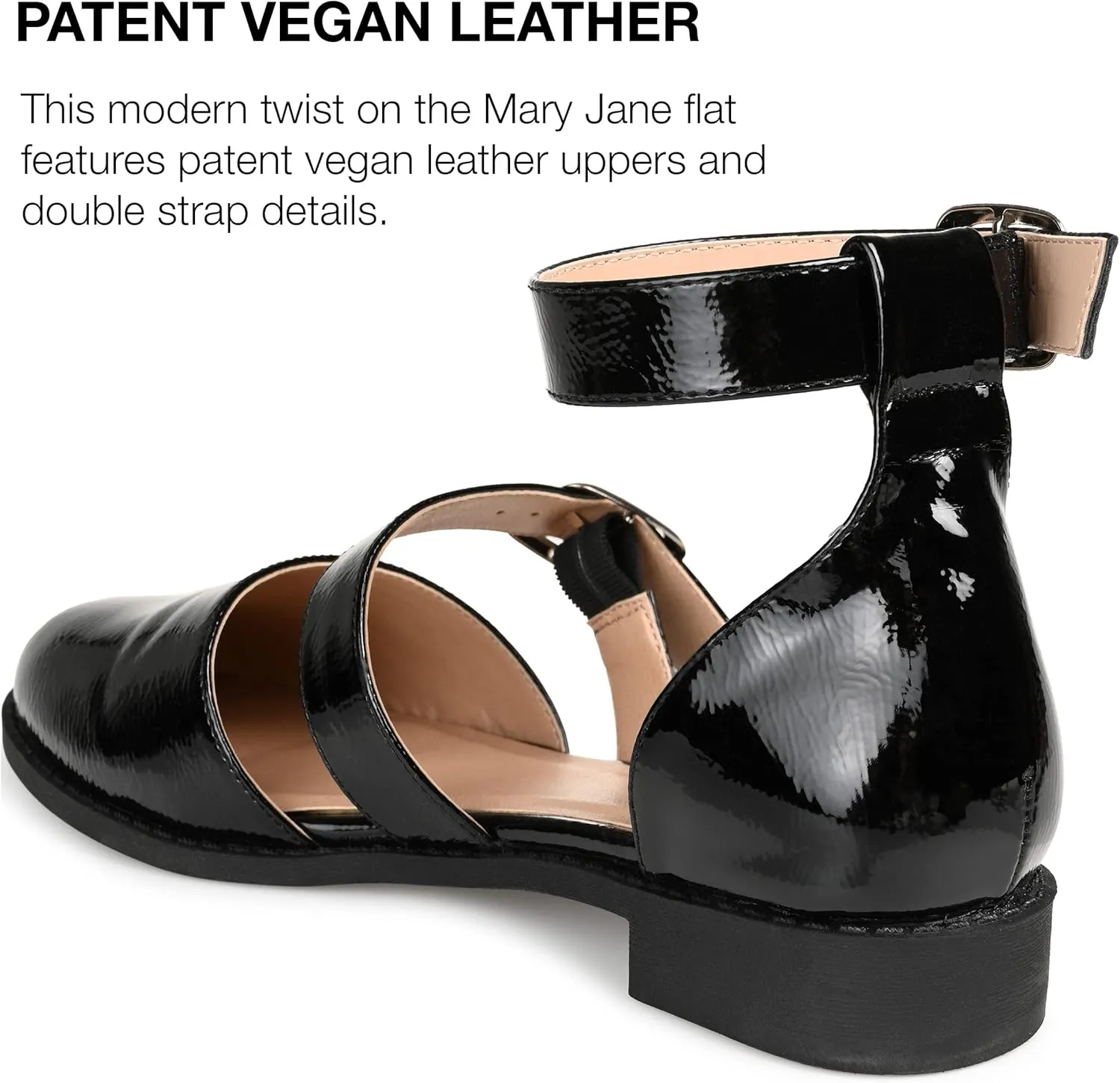 Journee Mary Jane Low Block Heel Double Buckle Strap Glossy Round Toe Shoe for Women - Comfy Constance Flat