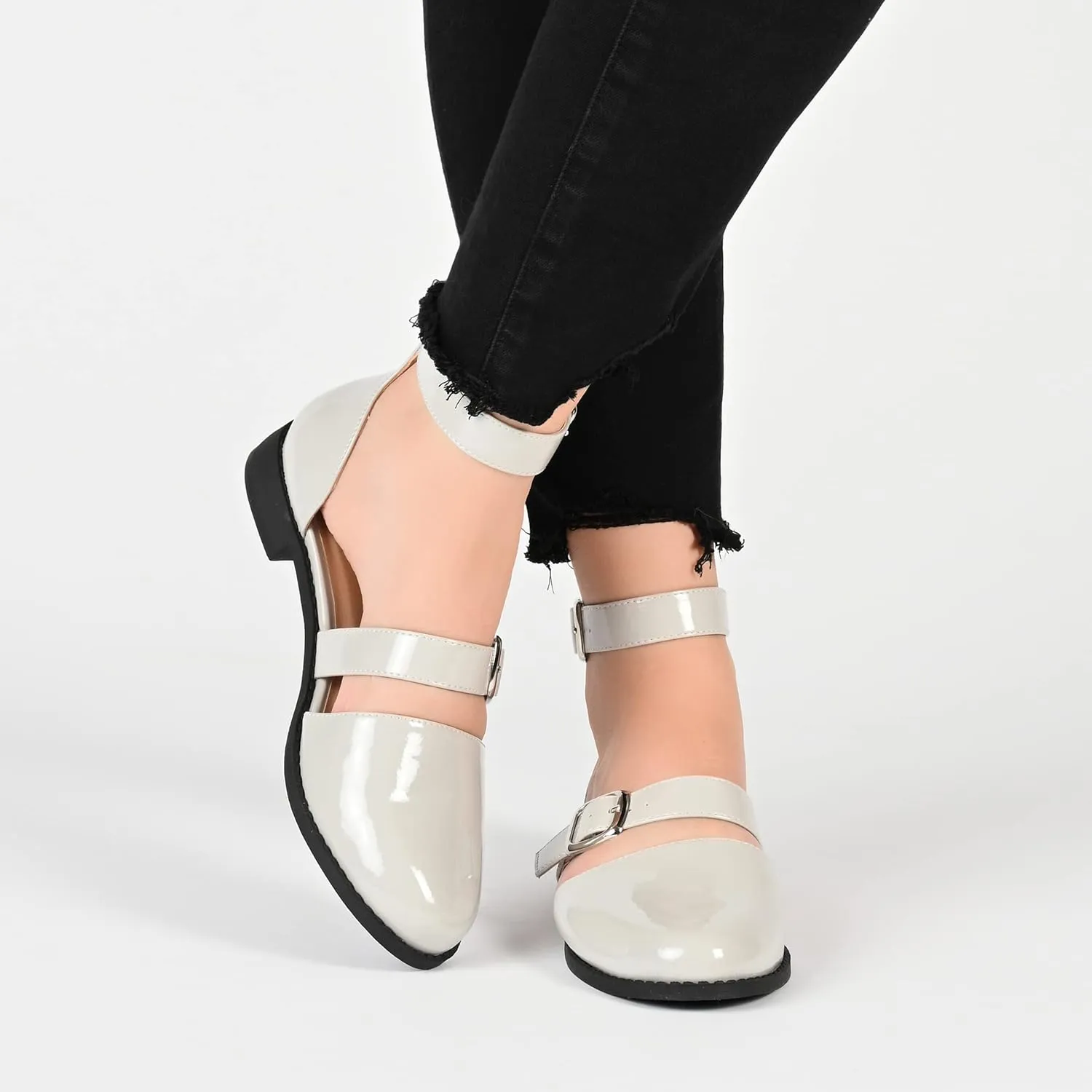 Journee Mary Jane Low Block Heel Double Buckle Strap Glossy Round Toe Shoe for Women - Comfy Constance Flat