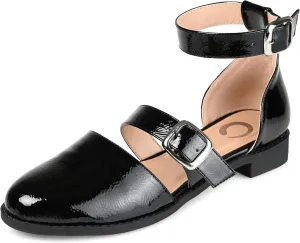 Journee Mary Jane Low Block Heel Double Buckle Strap Glossy Round Toe Shoe for Women - Comfy Constance Flat