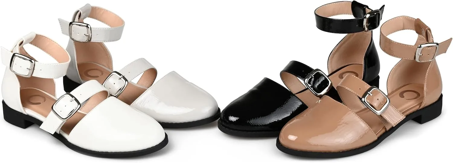 Journee Mary Jane Low Block Heel Double Buckle Strap Glossy Round Toe Shoe for Women - Comfy Constance Flat