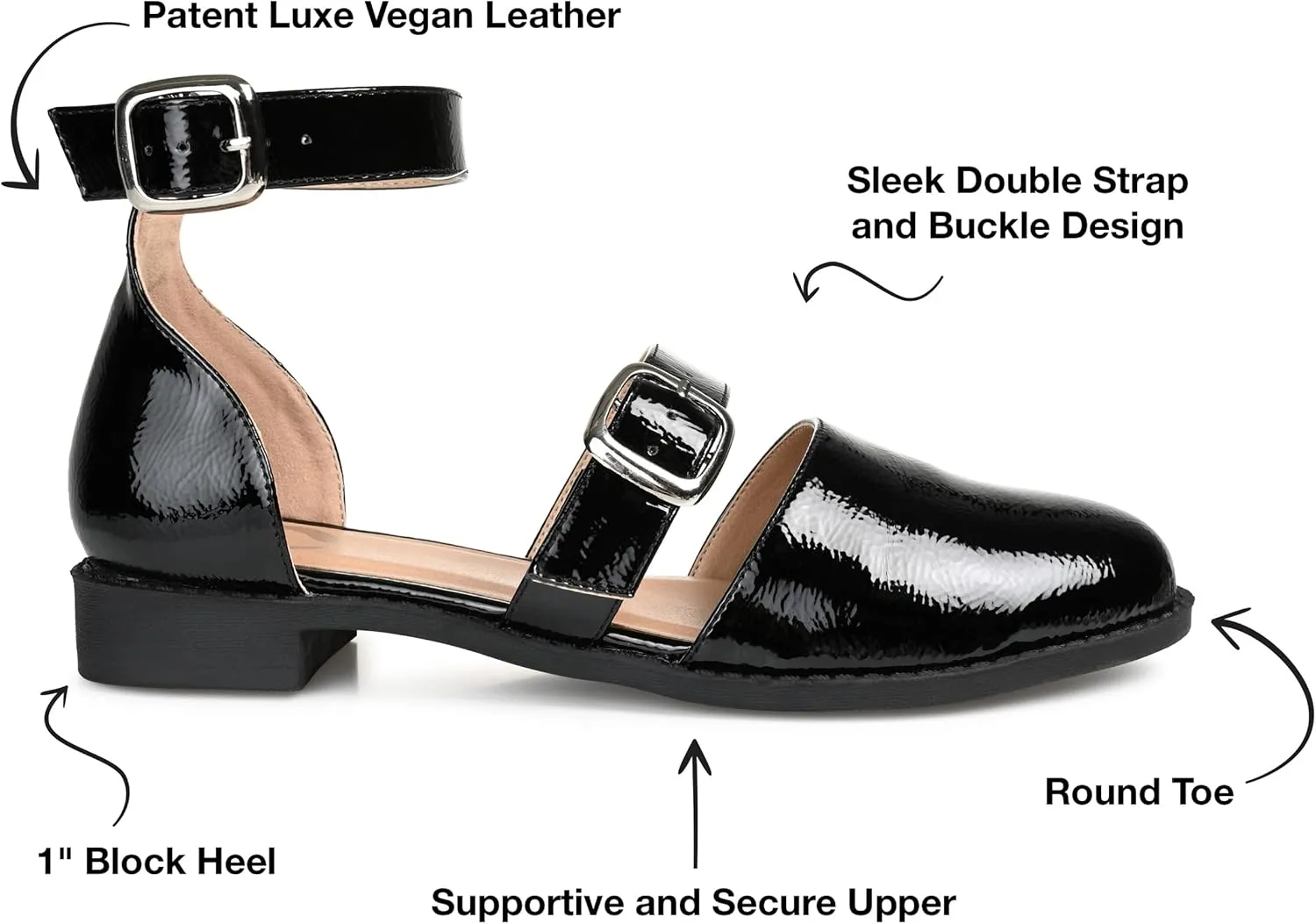 Journee Mary Jane Low Block Heel Double Buckle Strap Glossy Round Toe Shoe for Women - Comfy Constance Flat