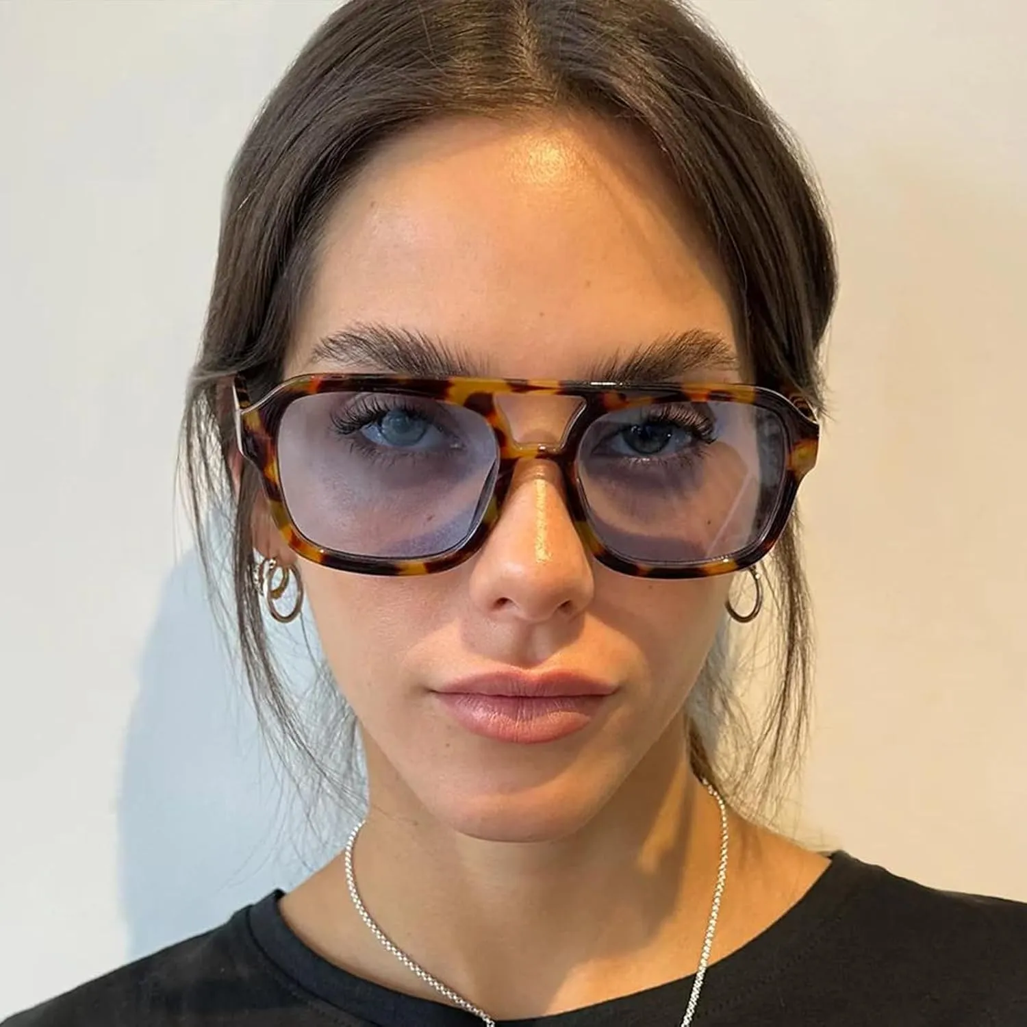 JUDOO Retro 70s Square Flat Aviator Sunglasses for Women Men Trendy Rectangle Double Bridge Geometric Sun Glasses Shades
