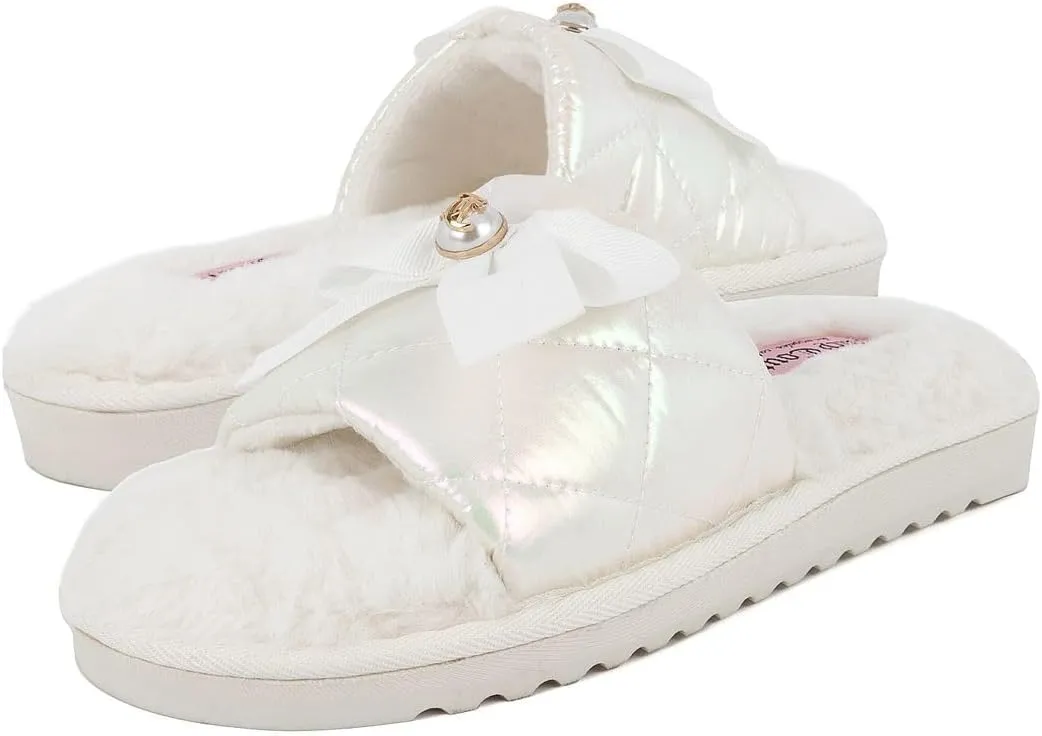 Juicy Couture Women's Faux Fur Slide Sandal Slippers, Open Toe, Comfortable Indoor Outdoor House Shoes