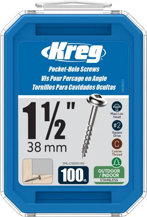 Kreg SML-C150S5-100 Stainless Steel Pocket-Hole Screws, 11/2 Inch, #8 Coarse Thread, Maxi-Loc Head (100 Count)