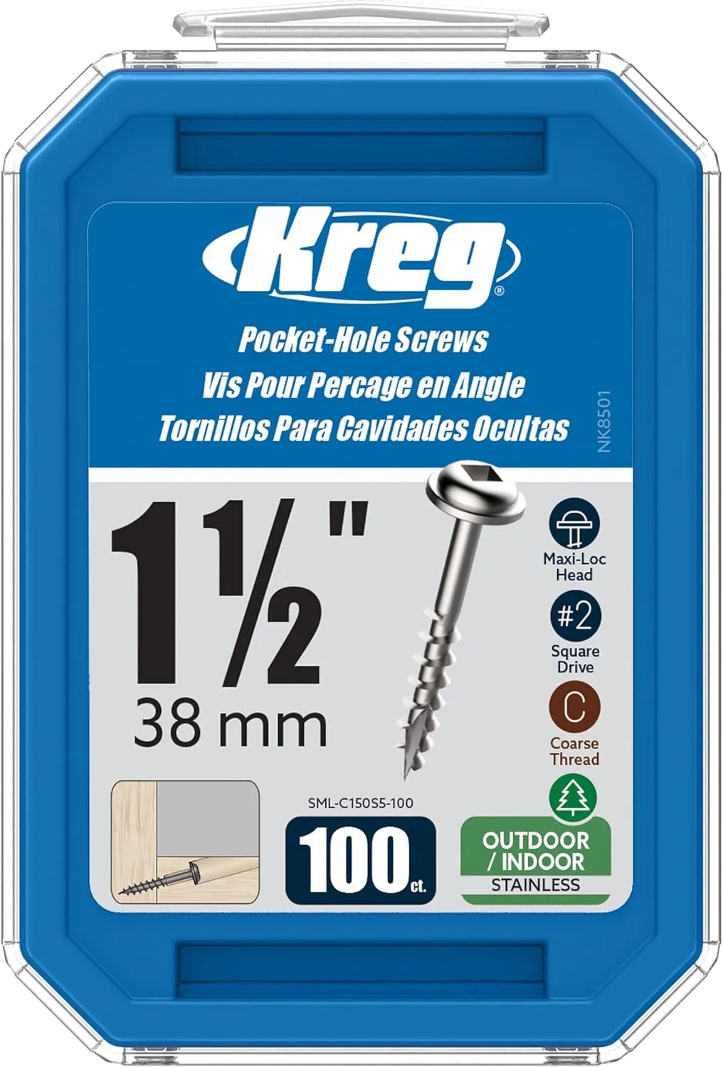 Kreg SML-C150S5-100 Stainless Steel Pocket-Hole Screws, 11/2 Inch, #8 Coarse Thread, Maxi-Loc Head (100 Count)