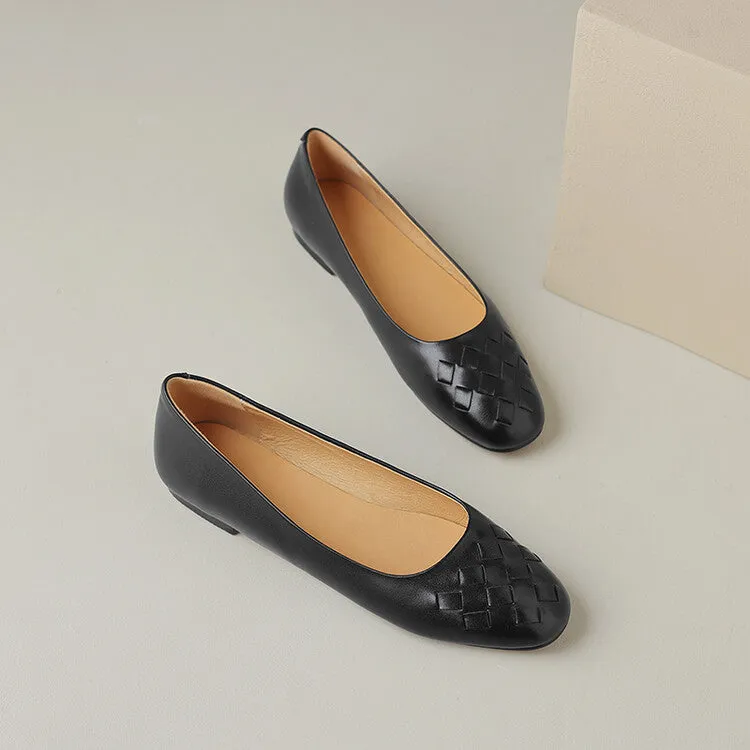 Ladies Round Toe Leather Braided Flat Shoes