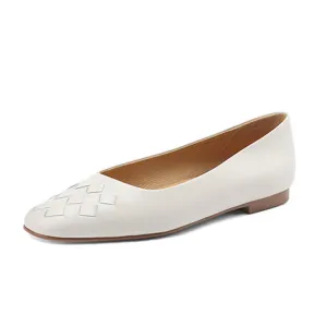 Ladies Round Toe Leather Braided Flat Shoes