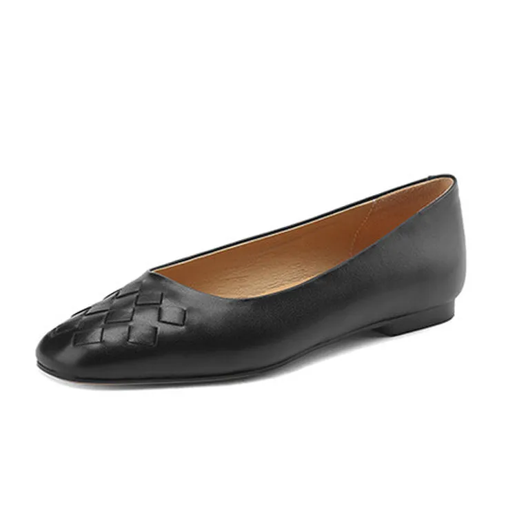 Ladies Round Toe Leather Braided Flat Shoes