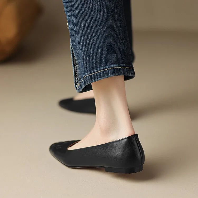 Ladies Round Toe Leather Braided Flat Shoes