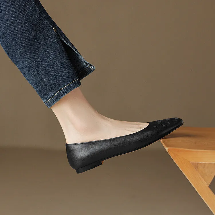 Ladies Round Toe Leather Braided Flat Shoes