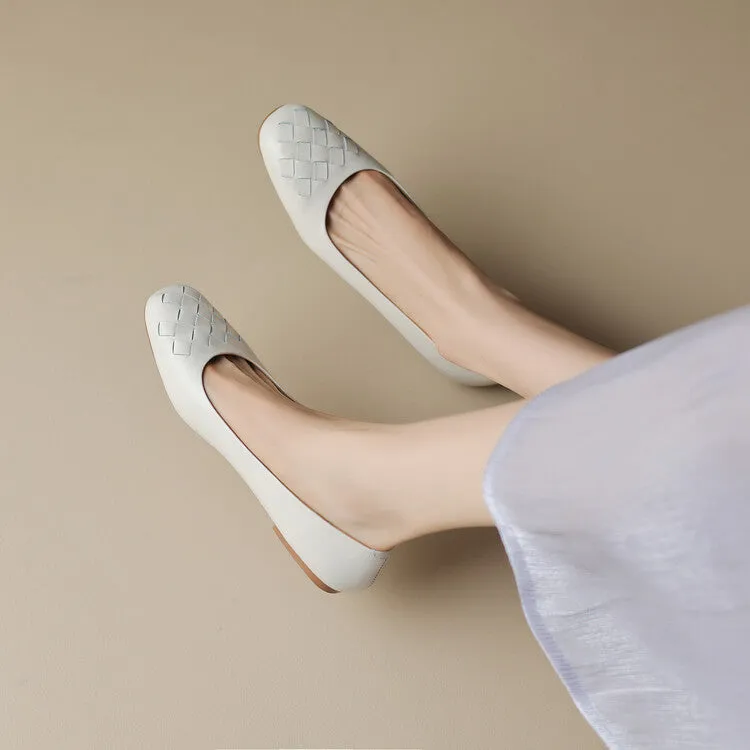 Ladies Round Toe Leather Braided Flat Shoes