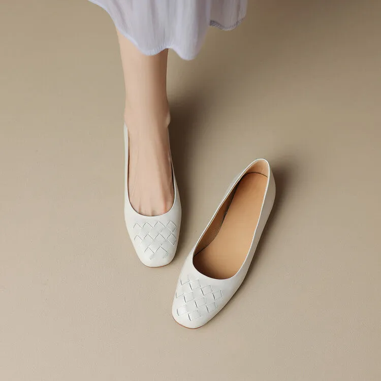 Ladies Round Toe Leather Braided Flat Shoes