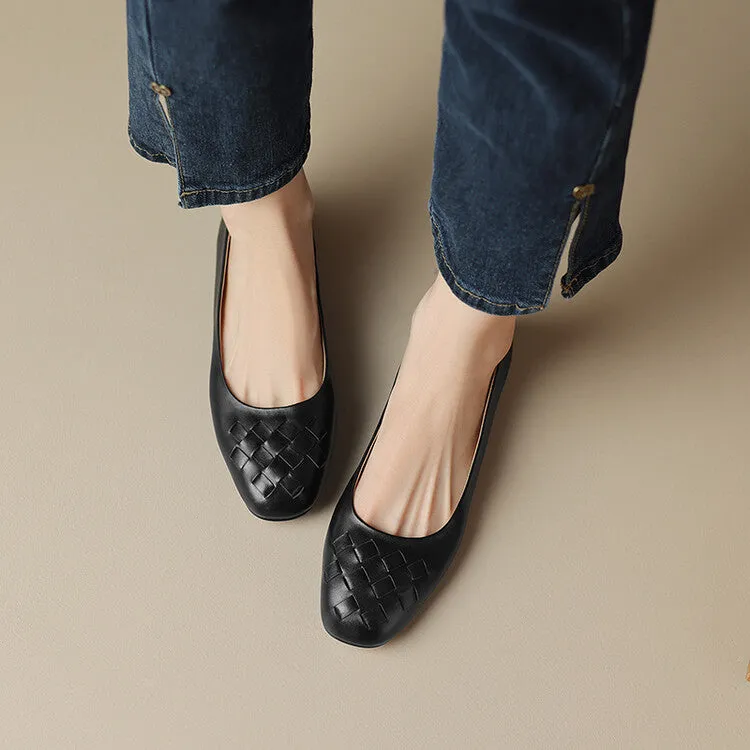 Ladies Round Toe Leather Braided Flat Shoes