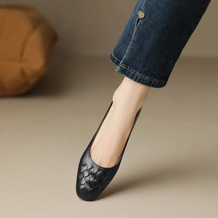 Ladies Round Toe Leather Braided Flat Shoes