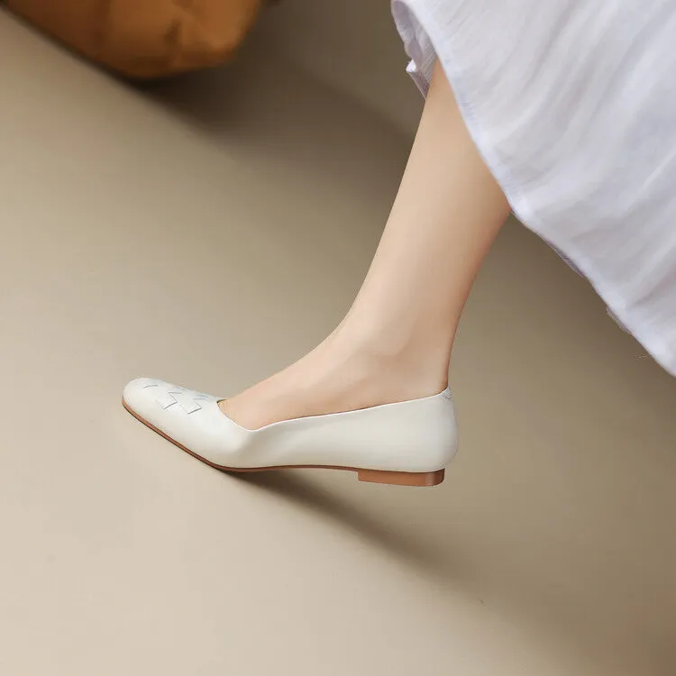 Ladies Round Toe Leather Braided Flat Shoes