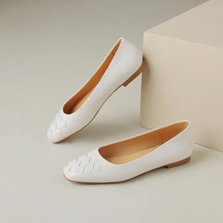 Ladies Round Toe Leather Braided Flat Shoes