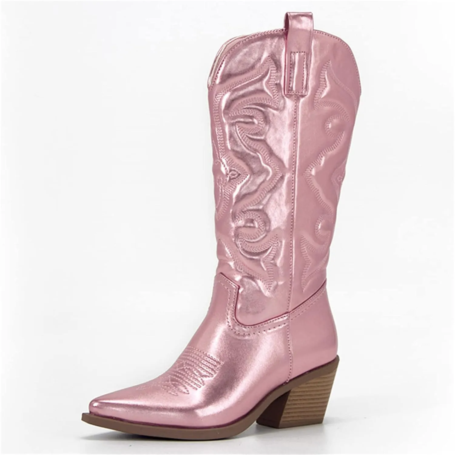 Ladmiple Boots For Women Fashion Dressy Low Heel Cowgirl Embroidered Western Cowboy Mid Calf Booties Chunky Heel Pull On Western Boots