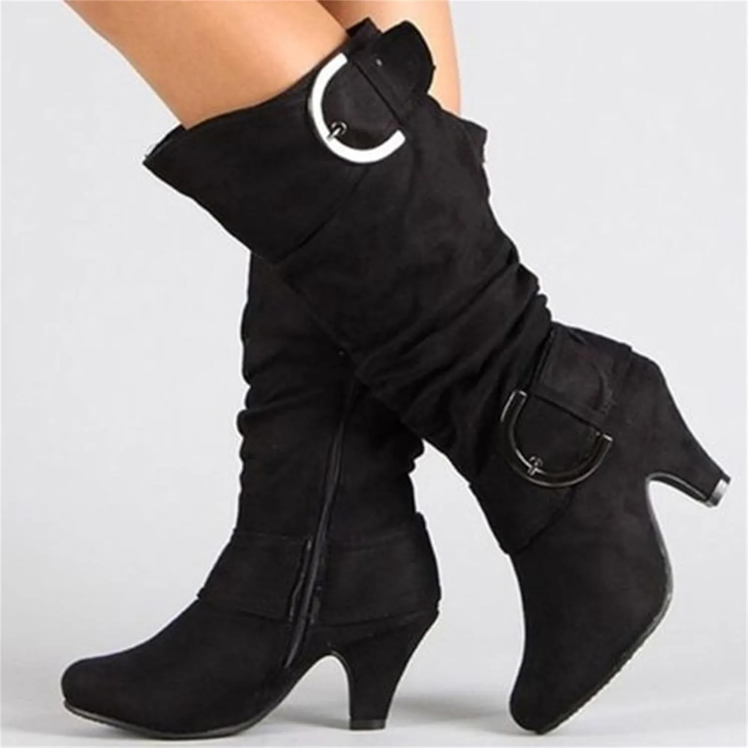 Ladmiple Fall Boots Women Knee High Wide Calf Slouchy Western Cowboy Boots Fashion Pointed Toe Cone Heel Cowgirl Boots