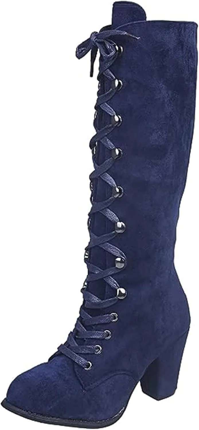 Ladmiple Fall Boots Women Knee High Wide Calf Western Cowboy Boots Fashion Chunky Heel Lace Up Cowgirl Dress Shoes 2024