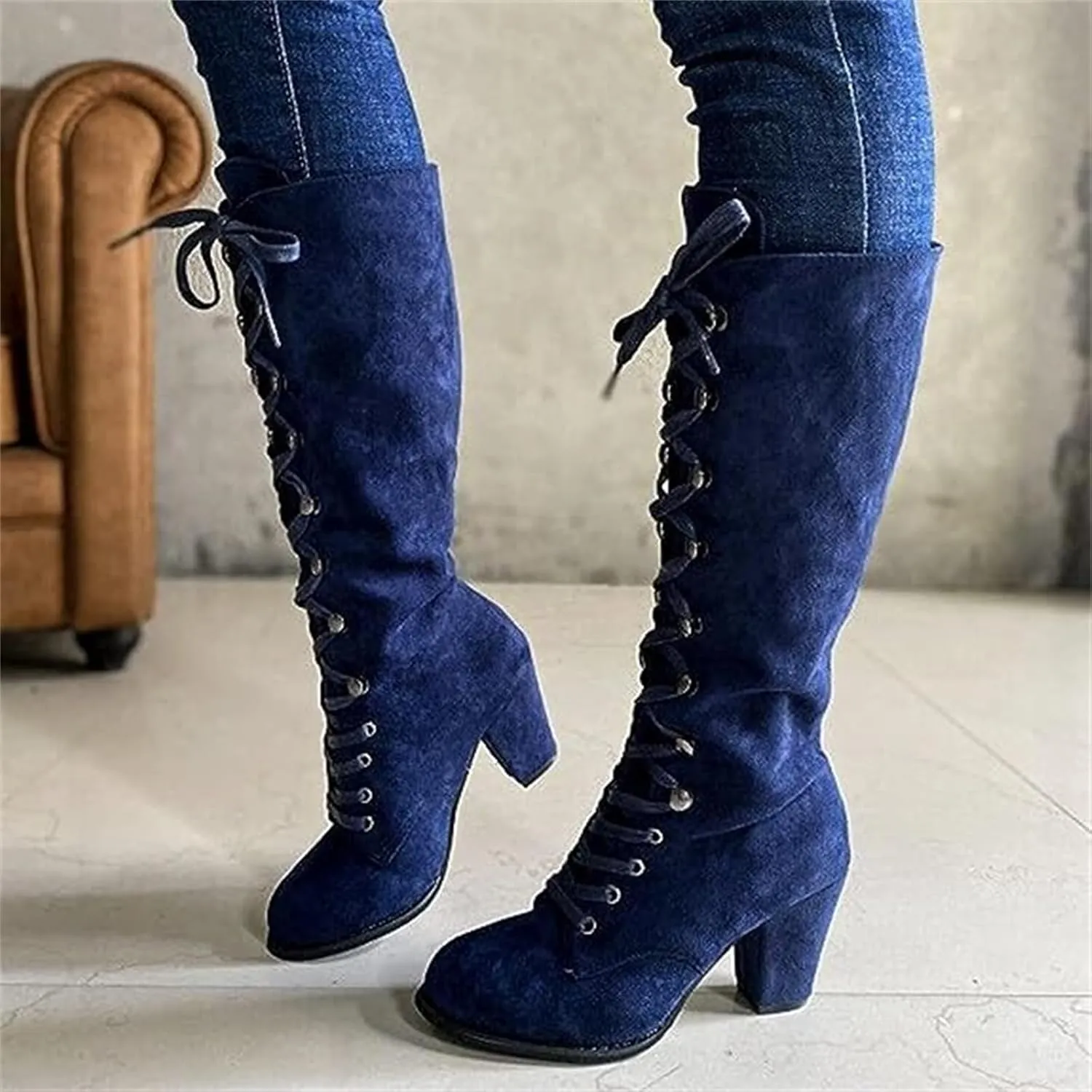 Ladmiple Fall Boots Women Knee High Wide Calf Western Cowboy Boots Fashion Chunky Heel Lace Up Cowgirl Dress Shoes 2024