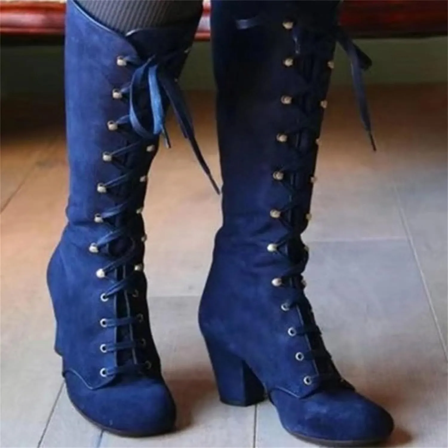 Ladmiple Fall Boots Women Knee High Wide Calf Western Cowboy Boots Fashion Chunky Heel Lace Up Cowgirl Dress Shoes 2024