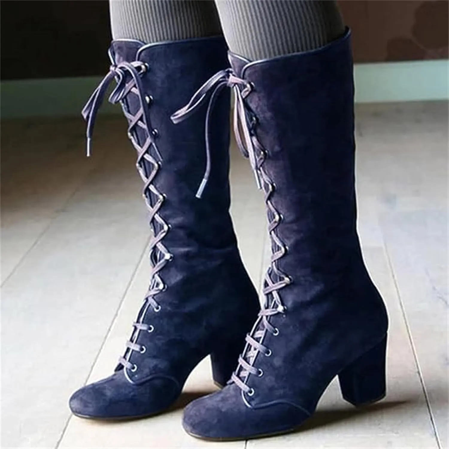 Ladmiple Fall Boots Women Knee High Wide Calf Western Cowboy Boots Fashion Chunky Heel Lace Up Cowgirl Dress Shoes 2024