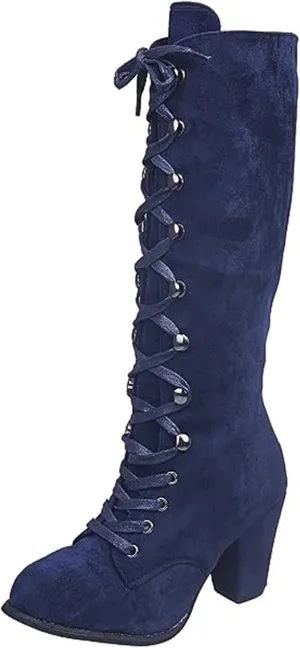 Ladmiple Fall Boots Women Knee High Wide Calf Western Cowboy Boots Fashion Chunky Heel Lace Up Cowgirl Dress Shoes 2024
