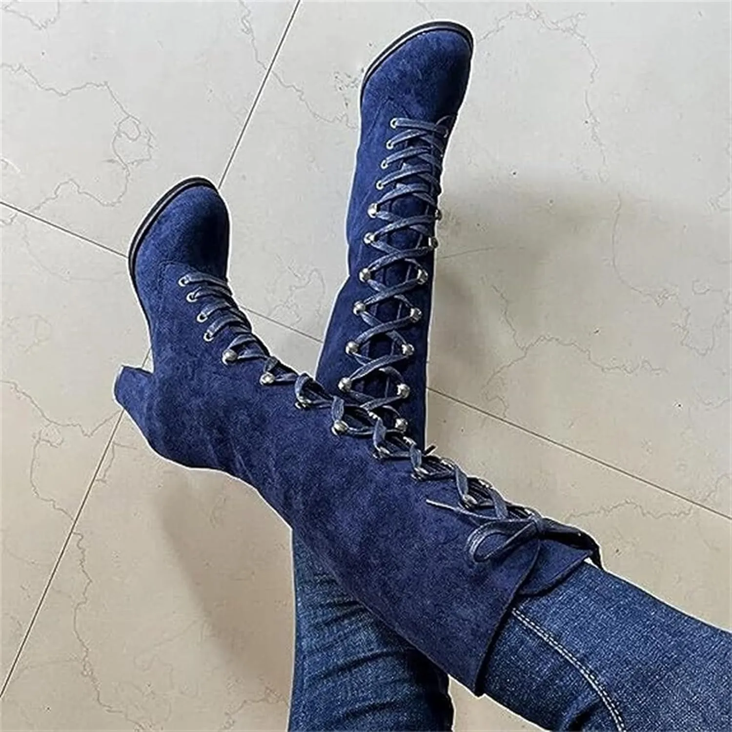Ladmiple Fall Boots Women Knee High Wide Calf Western Cowboy Boots Fashion Chunky Heel Lace Up Cowgirl Dress Shoes 2024