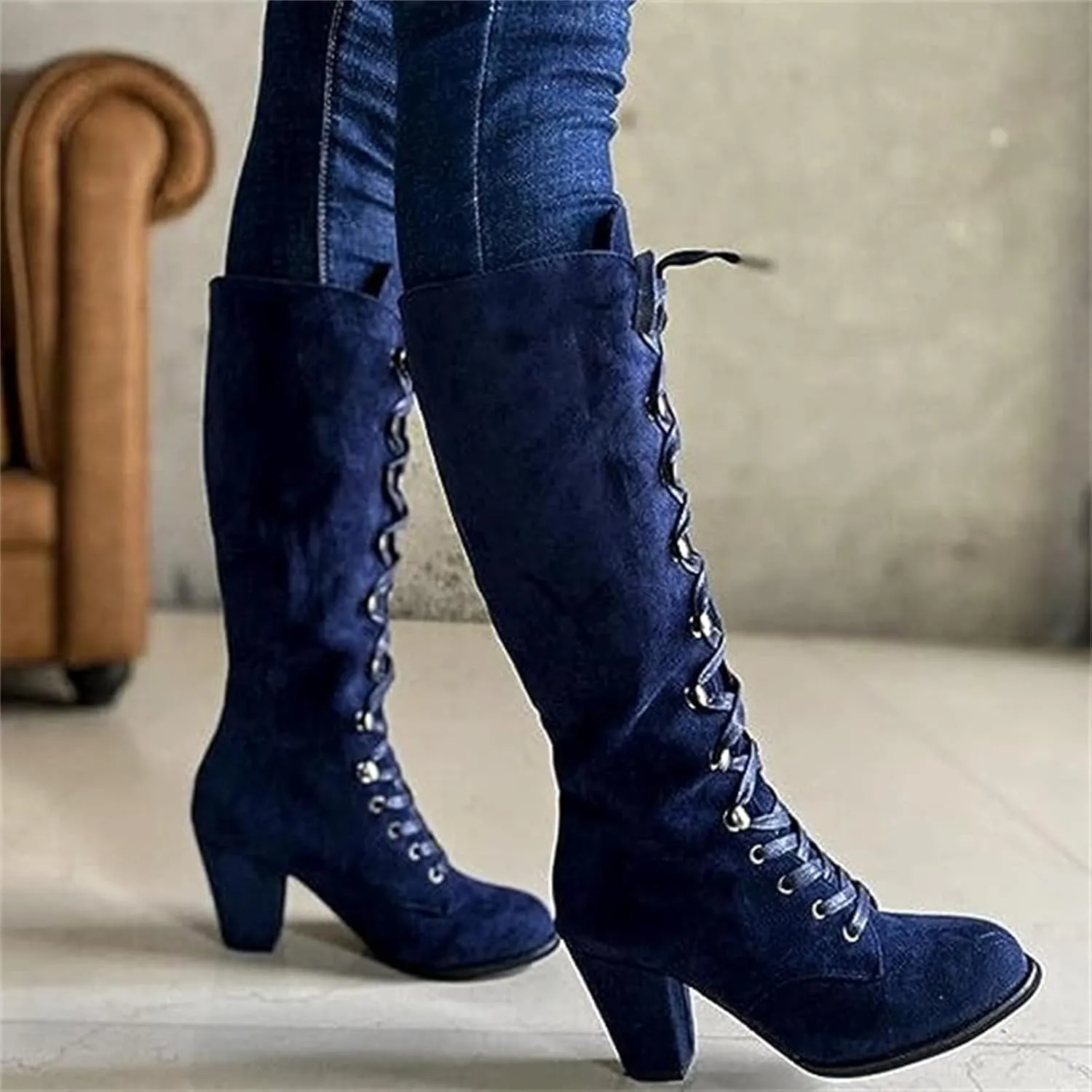 Ladmiple Fall Boots Women Knee High Wide Calf Western Cowboy Boots Fashion Chunky Heel Lace Up Cowgirl Dress Shoes 2024