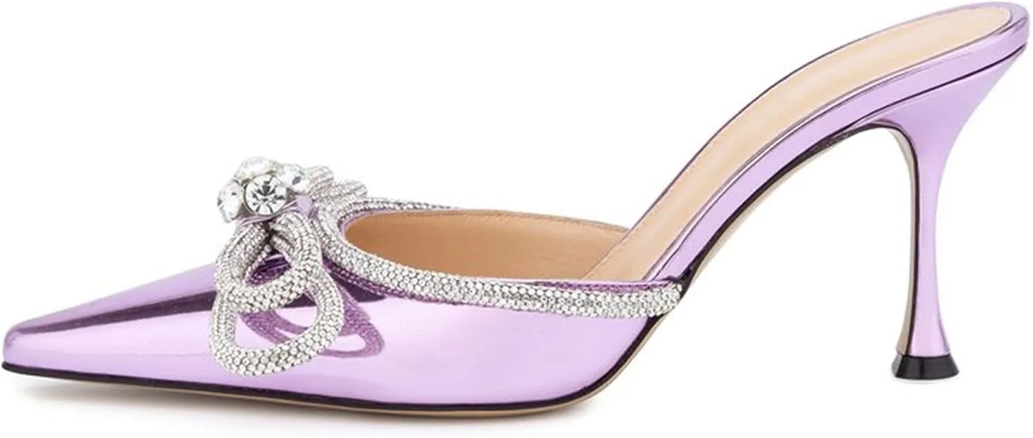 LauraVicci Women High Heeled Mules Rhinestone Embellished Crystal Double Bow Satin Sandals Pointy Toe Stiletto Shoes Summer Bridal Shoes
