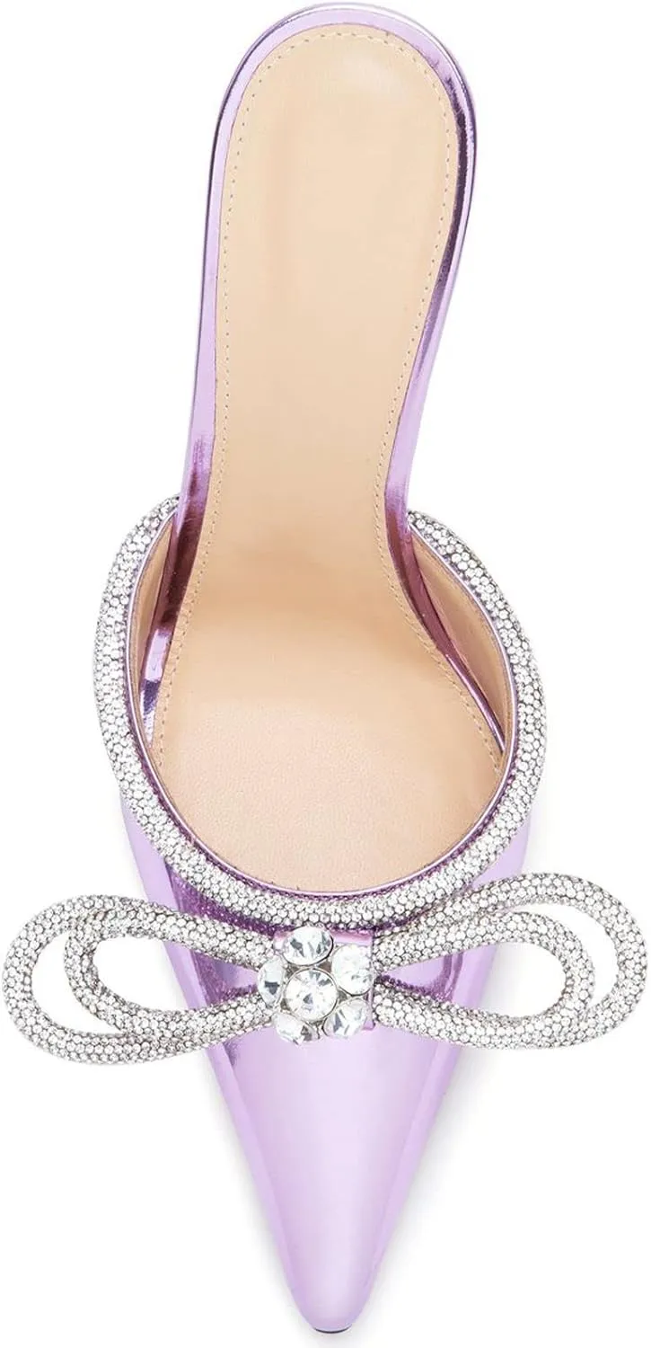 LauraVicci Women High Heeled Mules Rhinestone Embellished Crystal Double Bow Satin Sandals Pointy Toe Stiletto Shoes Summer Bridal Shoes