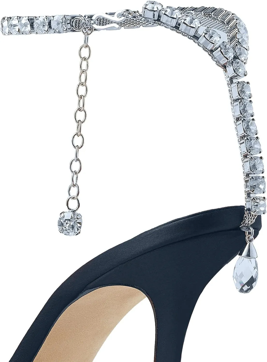 LauraVicci Women's Heeled Sandals Crystal Chain Ankle Straps Rhinestones Buckle High Heels Stiletto Slip On Wedding Party Satin Dress Shoes