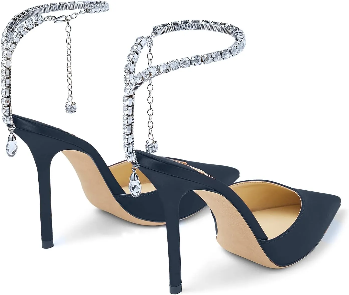 LauraVicci Women's Heeled Sandals Crystal Chain Ankle Straps Rhinestones Buckle High Heels Stiletto Slip On Wedding Party Satin Dress Shoes