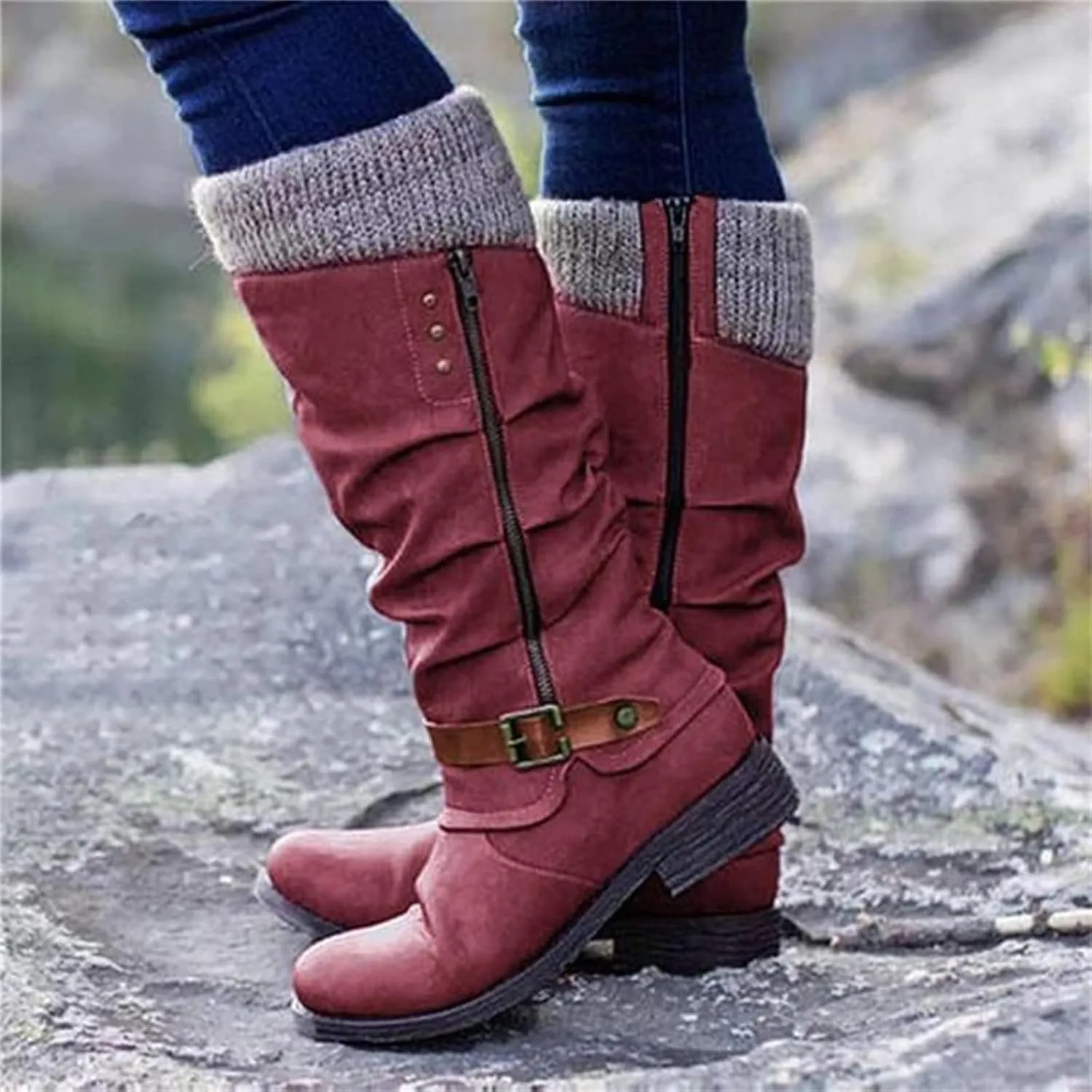 Lausiuoe Boots For Women Low Heel Mid Calf Winter Boots Side Zip Western Platform Hiking Booties Warm Non Slip Outdoor Shoes