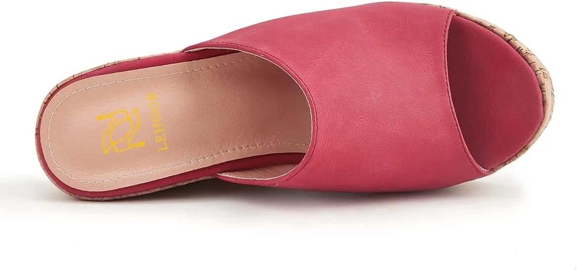 LEHOOR Cork Wedge Mules for Women Platform Slide Sandals Peep Toe, High Wedge 4.5Inch Slippers Microfiber Suede 6-11 M US