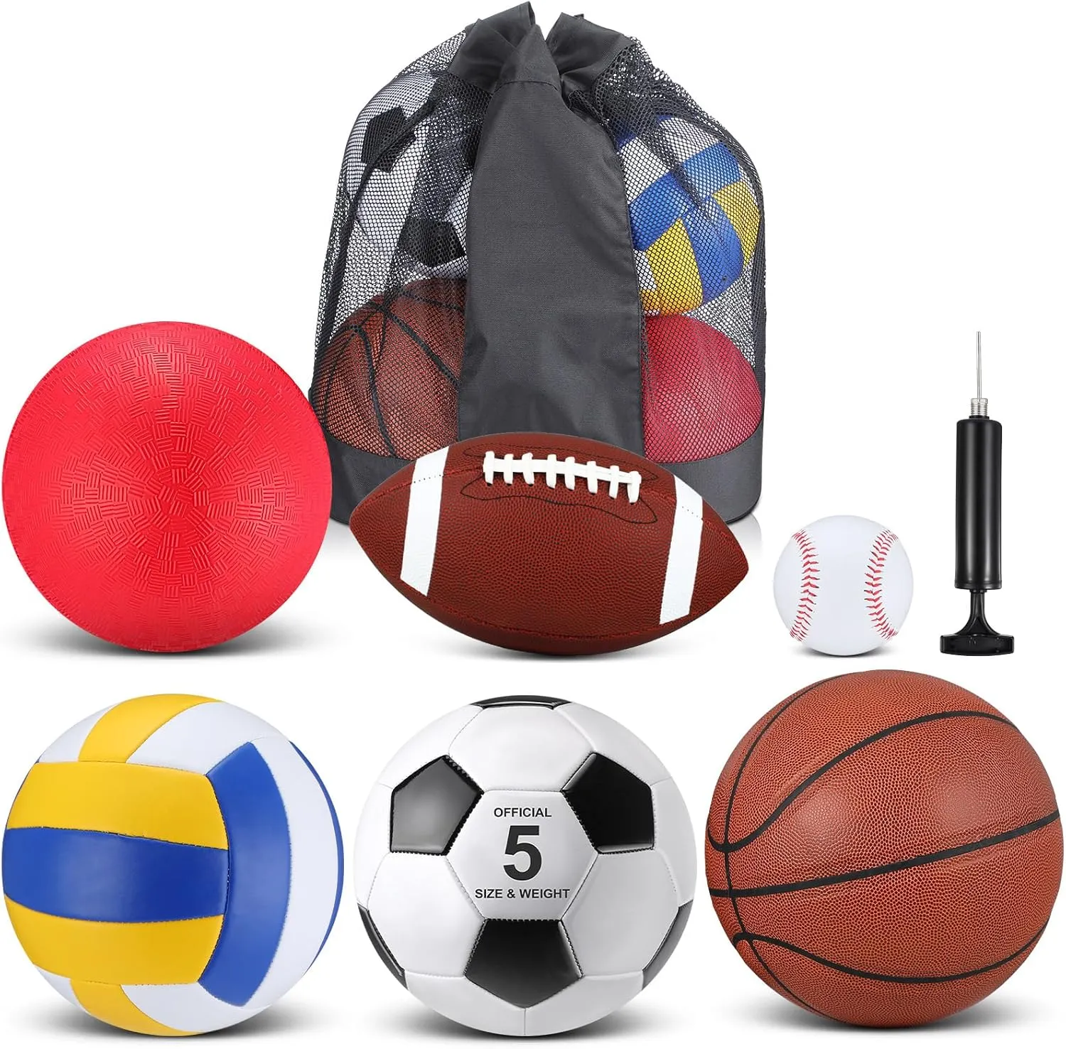 Libima 6 Pcs Multi Sport Ball Set Official Size Football, Basketball, Soccer, Volleyball, Playground Ball, Baseball with Sports Equipment Bag Pump for Teen Adult Back to School