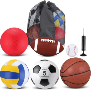 Libima 6 Pcs Multi Sport Ball Set Official Size Football, Basketball, Soccer, Volleyball, Playground Ball, Baseball with Sports Equipment Bag Pump for Teen Adult Back to School