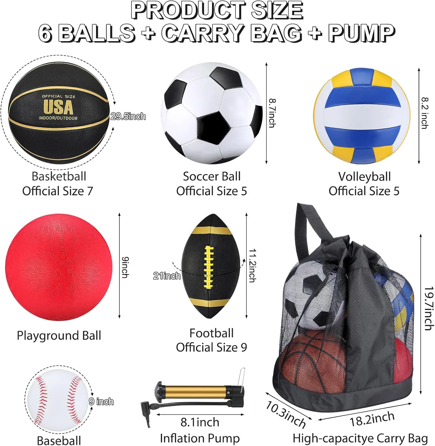 Libima 6 Pcs Multi Sport Ball Set Official Size Football, Basketball, Soccer, Volleyball, Playground Ball, Baseball with Sports Equipment Bag Pump for Teen Adult Back to School