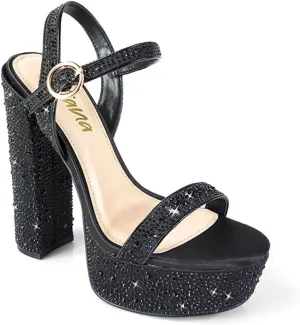 Liliana Womens Rhinestones Ankle Strap Chunky High Heels Sandals