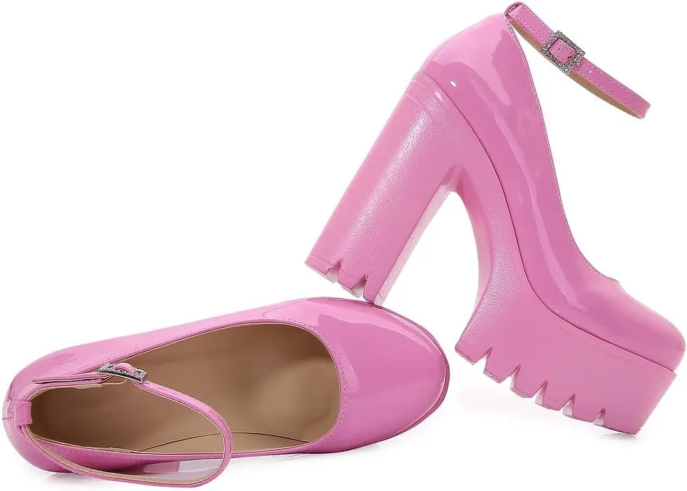 LizFoYa Women Fashion Platform Pumps Chunky High Heels Round Toe Retro Bold Pink Party Prom Club Patent Leather Shoes