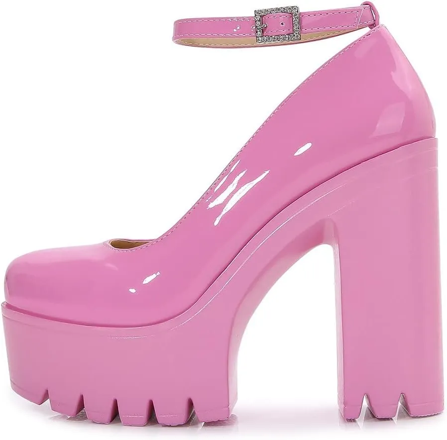 LizFoYa Women Fashion Platform Pumps Chunky High Heels Round Toe Retro Bold Pink Party Prom Club Patent Leather Shoes