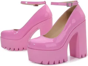 LizFoYa Women Fashion Platform Pumps Chunky High Heels Round Toe Retro Bold Pink Party Prom Club Patent Leather Shoes